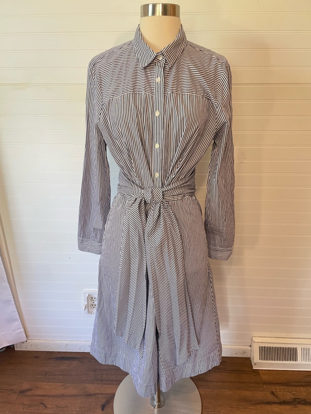 J.Crew Navy White Striped Button Down Shirt Dress Belted 100% Cotton Size 14
